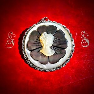 Amazing Antique 800 Silver Carved Shell Marcasite Cameo Brooch